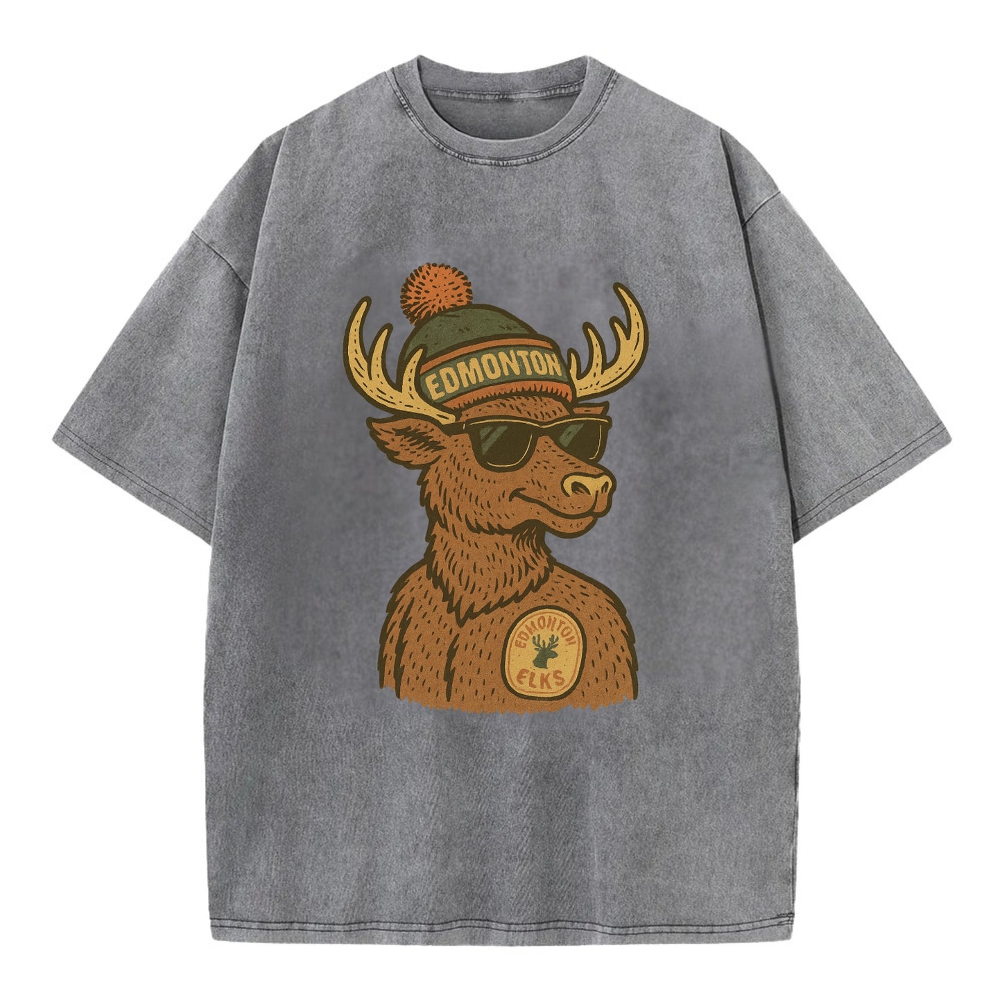 Edmonton Elk wearing Edmonton beanie with pom pom and wayfarer sunglasses - Vintage T-shirt - Grey