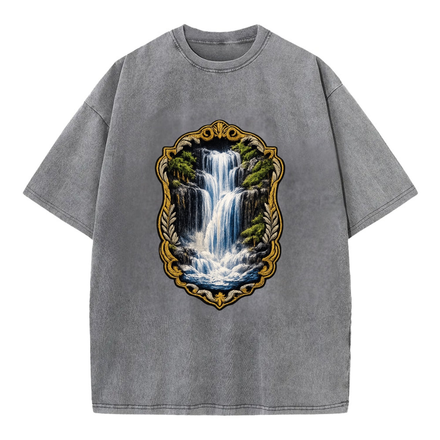 WATERFALL CASCADE - falling water with mist in blue and white , nature wonder - Vintage T-shirt - Grey