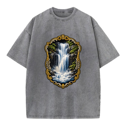 WATERFALL CASCADE - falling water with mist in blue and white , nature wonder - Vintage T-shirt - Grey