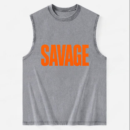 Bold typography design - "SAVAGE" - fierce attitude, taking no prisoners - Vintage Washed Tank - Grey