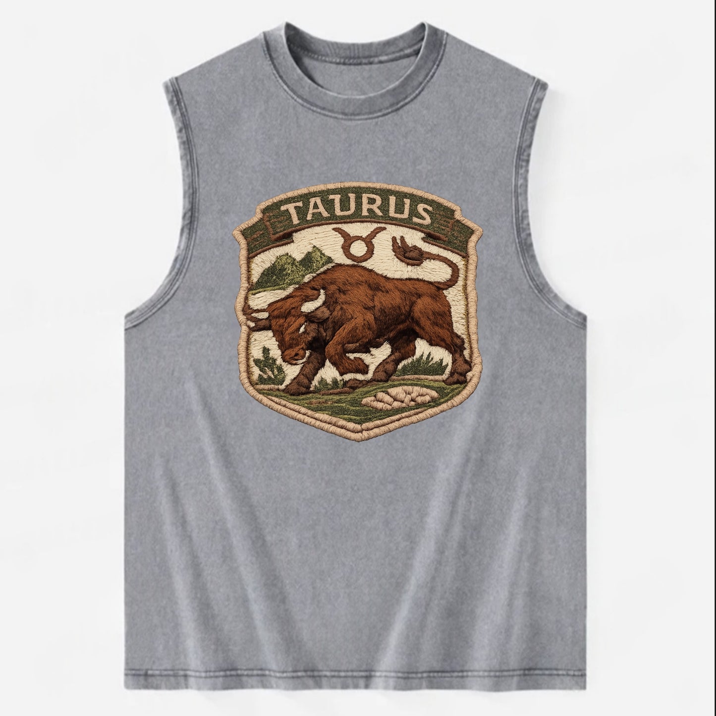 TAURUS BULL - strong bull in brown and green , earth sign - Vintage Washed Tank - Grey
