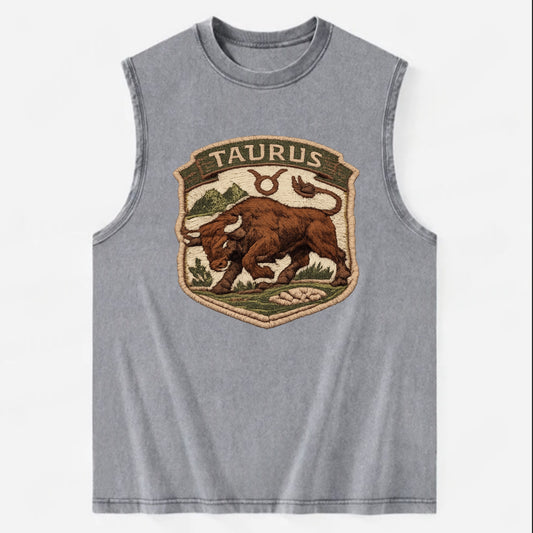 TAURUS BULL - strong bull in brown and green , earth sign - Vintage Washed Tank - Grey