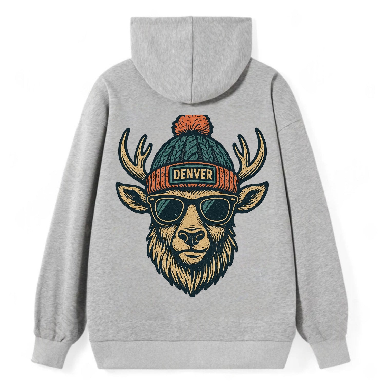 Denver Elk wearing Denver beanie with pom pom and wayfarer sunglasses - Classic Pullover Hoodie - Grey