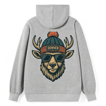 Denver Elk wearing Denver beanie with pom pom and wayfarer sunglasses - Classic Pullover Hoodie - Grey