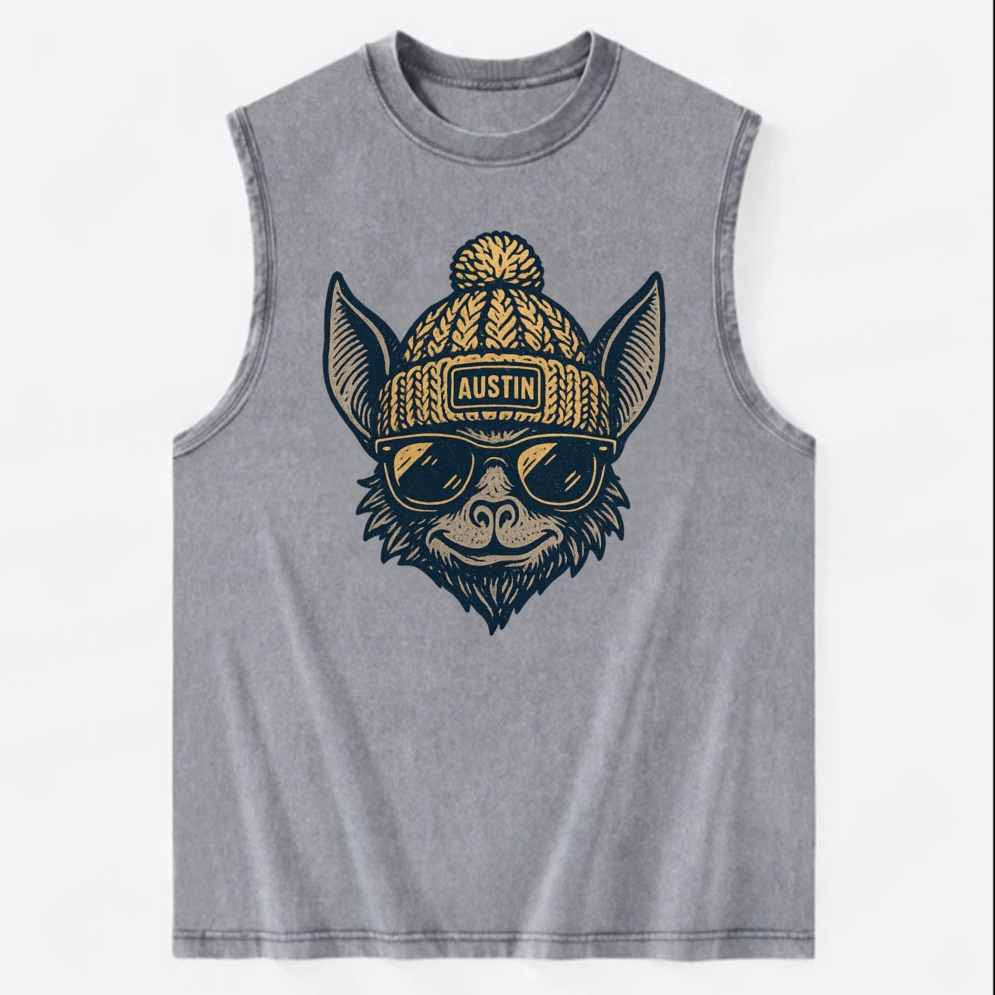 Austin Bat wearing Austin beanie with pom pom and wayfarer sunglasses - Vintage Washed Tank - Grey