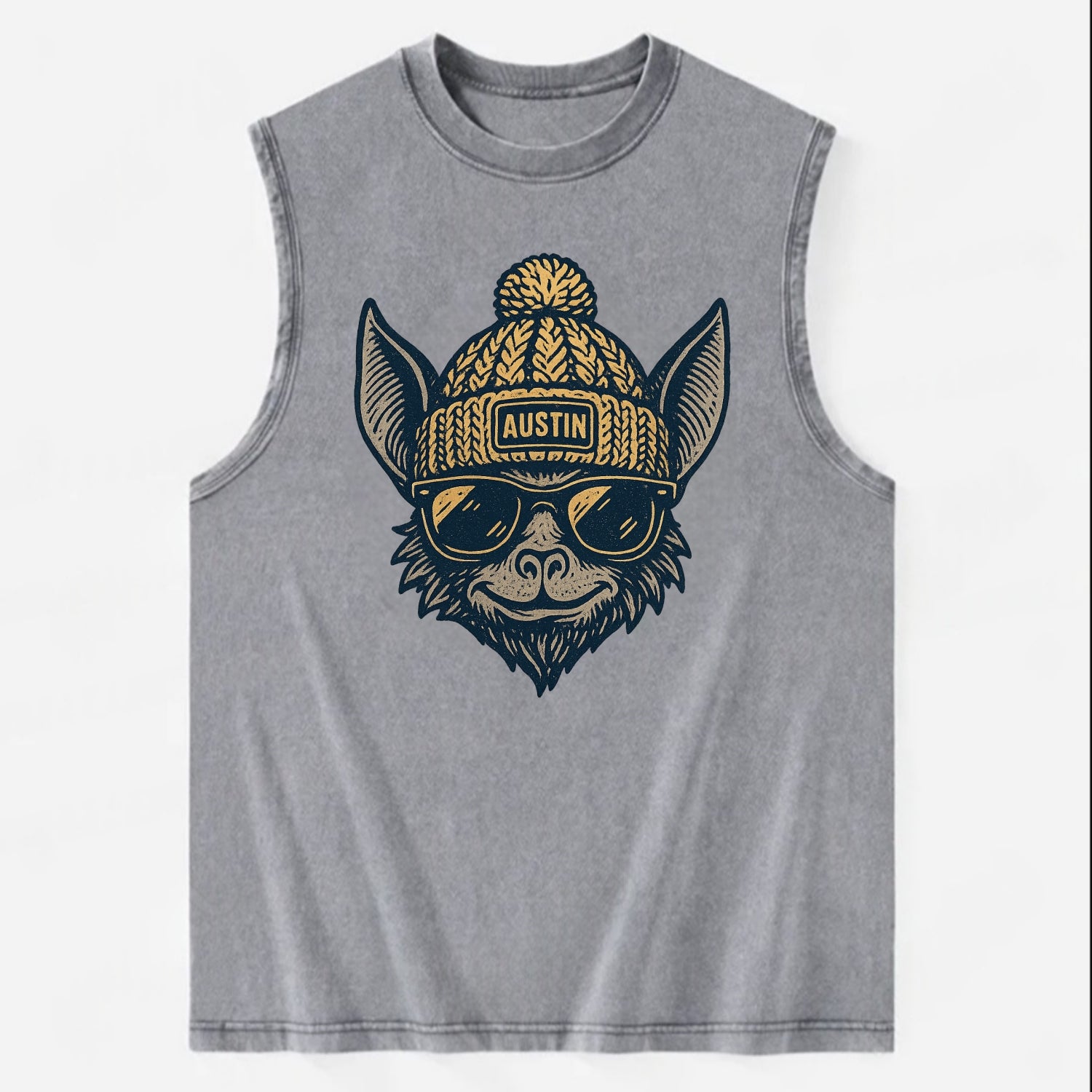 Austin Bat wearing Austin beanie with pom pom and wayfarer sunglasses - Vintage Washed Tank - Grey
