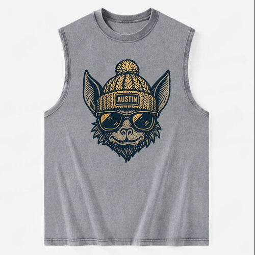 Austin Bat wearing Austin beanie with pom pom and wayfarer sunglasses - Vintage Washed Tank