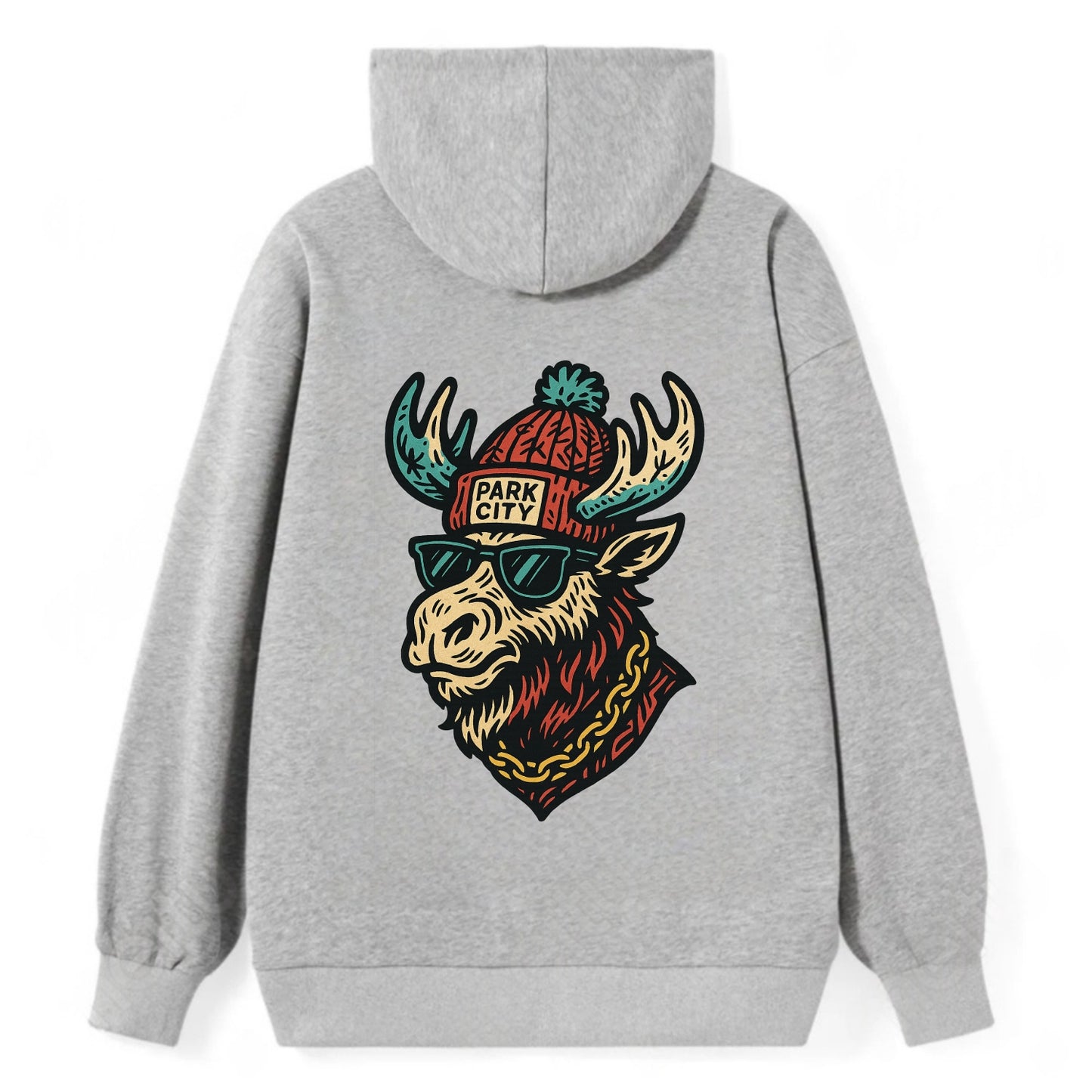 Park City Moose wearing Park City beanie with pom pom and wayfarer - Classic Pullover Hoodie - Grey