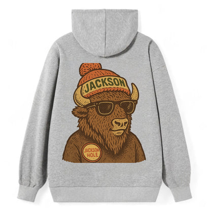 Jackson Hole Bison wearing Jackson beanie with pom pom and wayfarer - Classic Pullover Hoodie - Grey