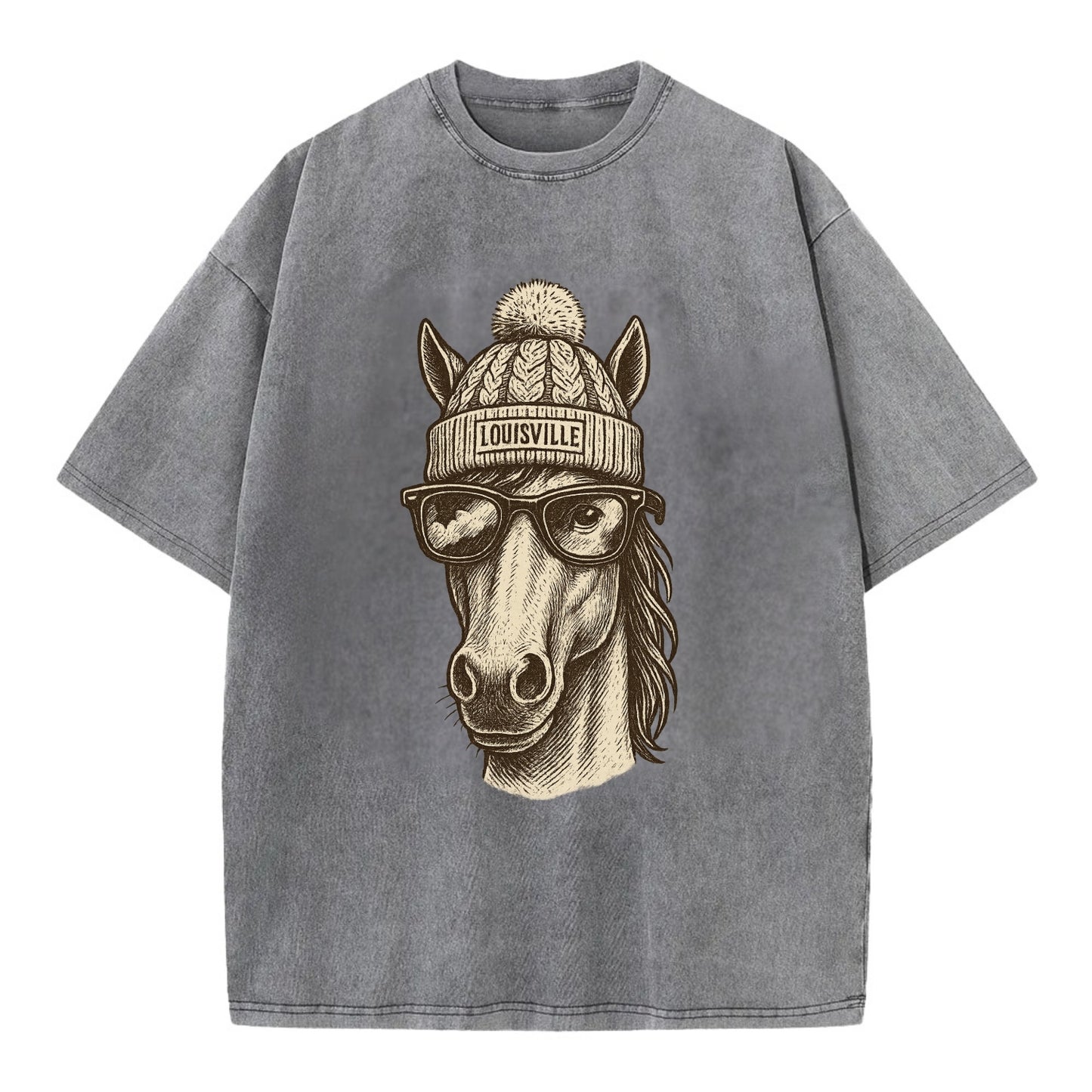 Kentucky Thoroughbred Horse wearing Louisville beanie with pom pom and wayfarer - Vintage T-shirt - Grey