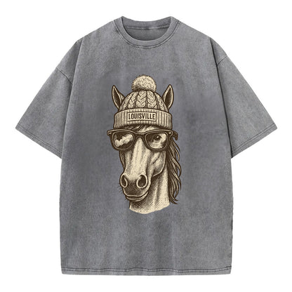 Kentucky Thoroughbred Horse wearing Louisville beanie with pom pom and wayfarer - Vintage T-shirt - Grey