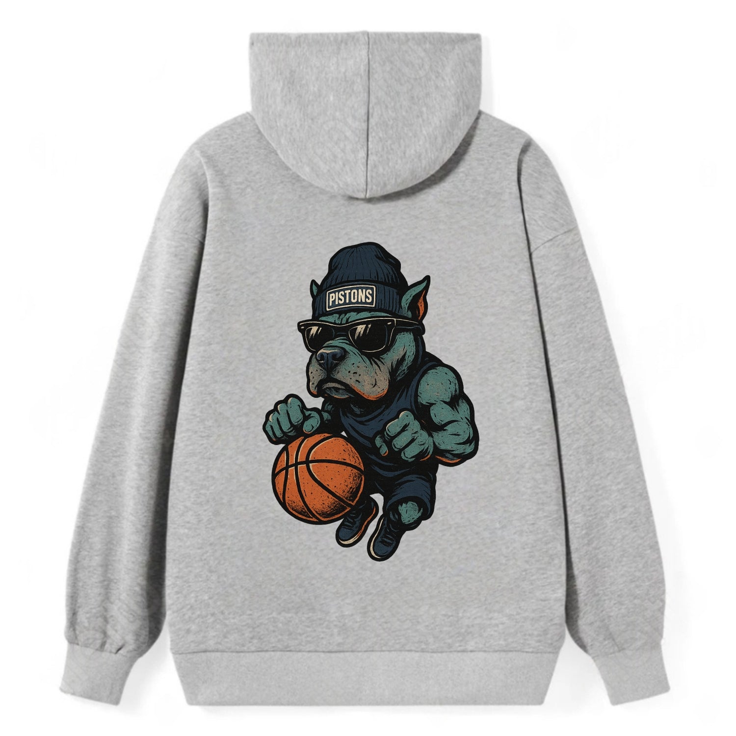 Detroit Pitbull wearing Pistons beanie with chrome patch and wayfarer - Classic Pullover Hoodie - Grey