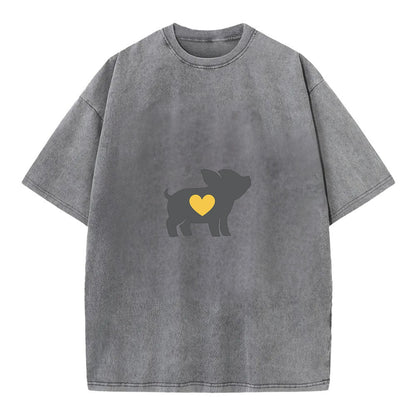 SMALL BUT BRAVE | Tiny piglet silhouette | Big heart within | Courage despite - Vintage T-shirt - Grey
