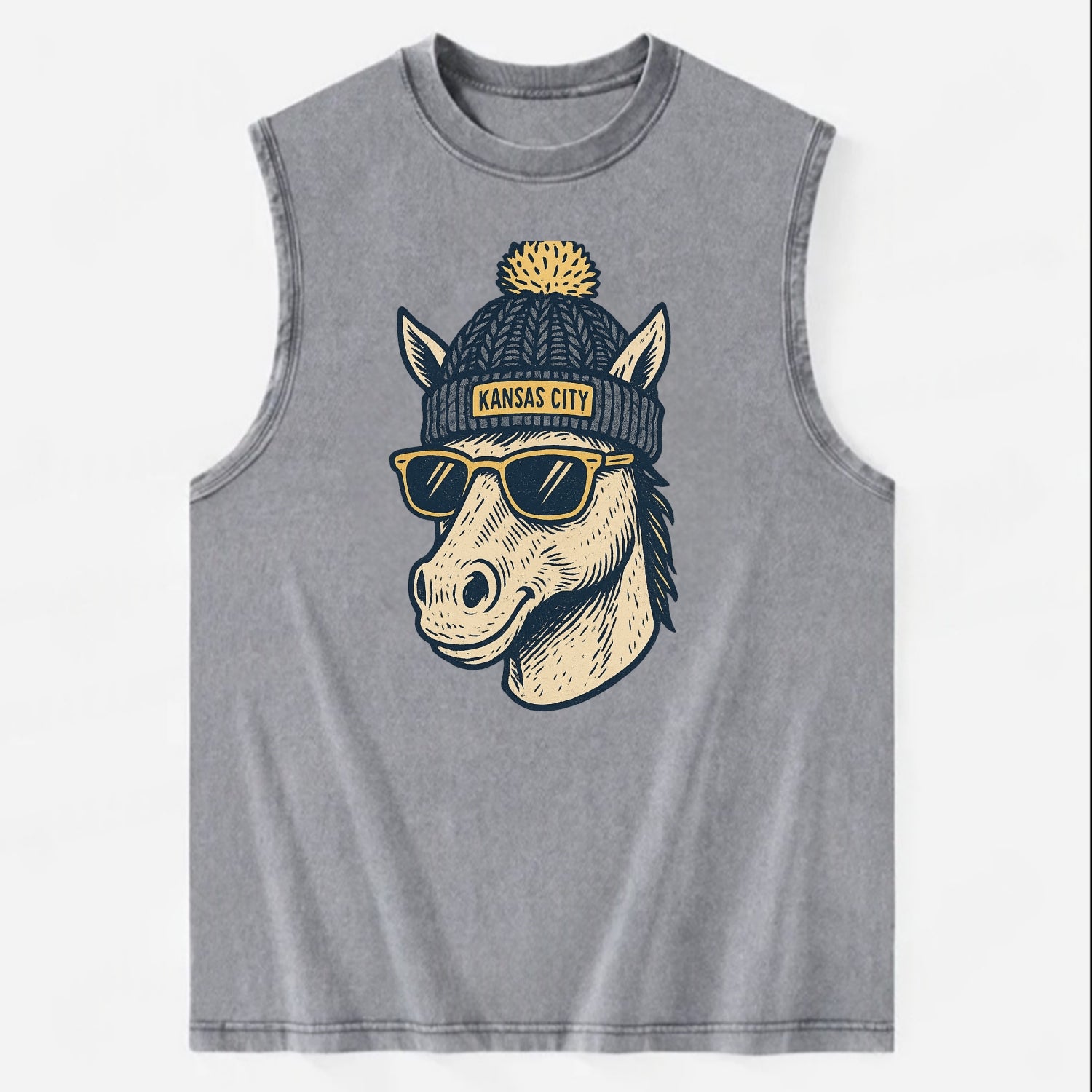 Missouri Mule wearing Kansas City beanie with pom pom and wayfarer sunglasses - Vintage Washed Tank - Grey