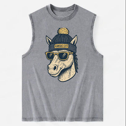 Missouri Mule wearing Kansas City beanie with pom pom and wayfarer sunglasses - Vintage Washed Tank - Grey