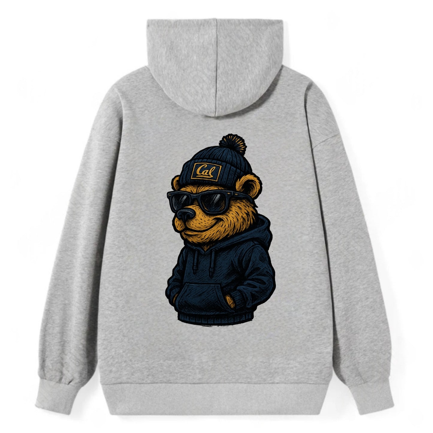 Berkeley Bear wearing Cal beanie with script patch - Classic Pullover Hoodie - Grey