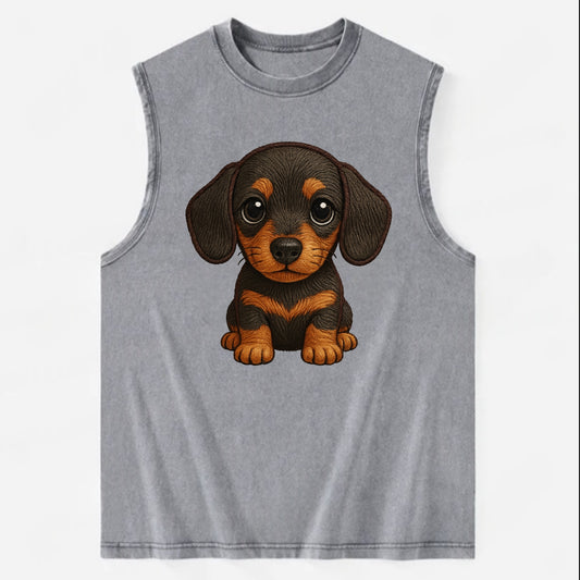 Baby Dachshund Puppy - long body, short legs, floppy ears, curious eyes, - Vintage Washed Tank - Grey