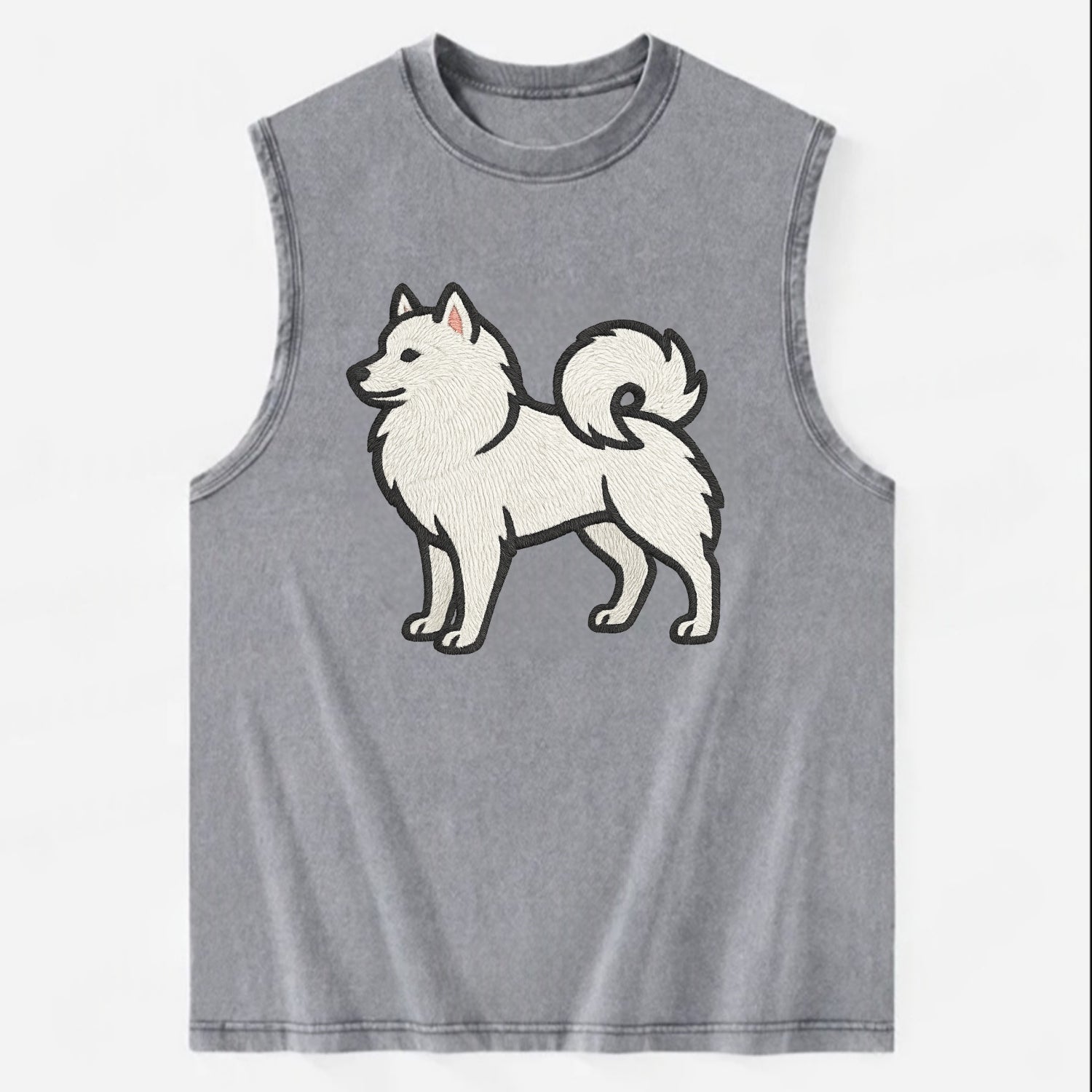 American Eskimo Dog - White spitz embroidered standing design - Vintage Washed Tank - Grey