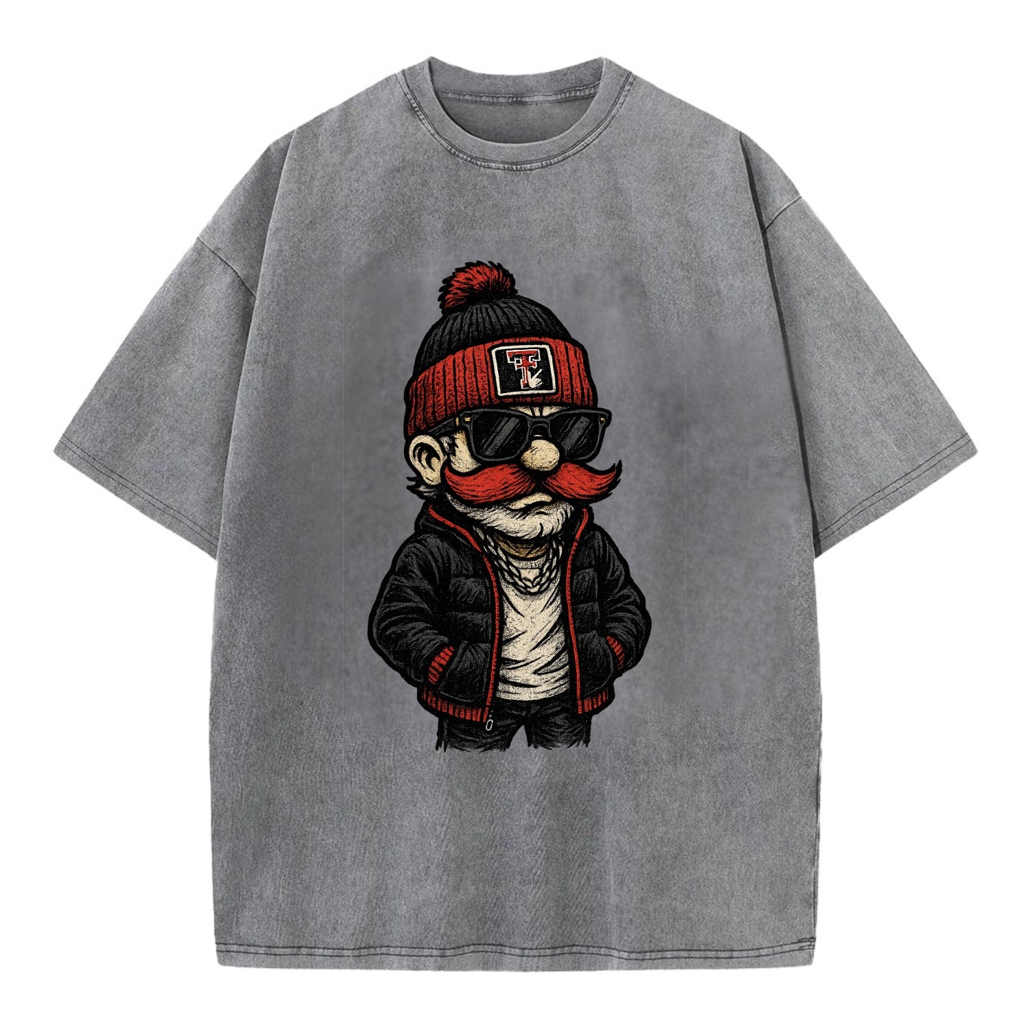 Lubbock Raider wearing Texas Tech beanie with guns up patch - Vintage T-shirt - Grey