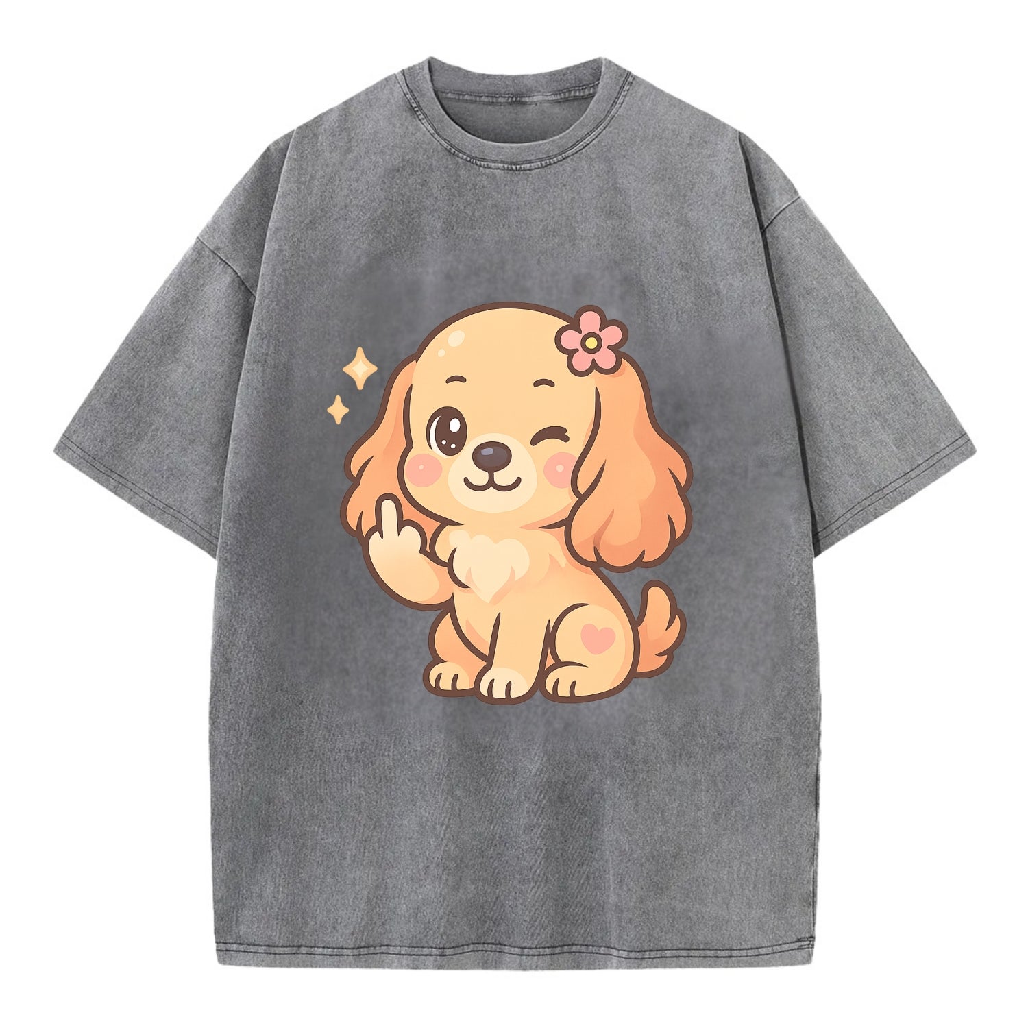 Cocker Spaniel with long wavy ears, gentle face, paw flipping off - Vintage T-shirt - Grey