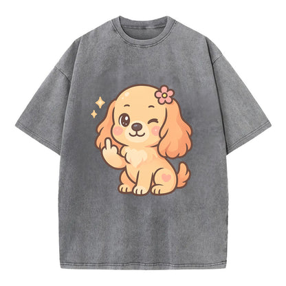 Cocker Spaniel with long wavy ears, gentle face, paw flipping off - Vintage T-shirt - Grey