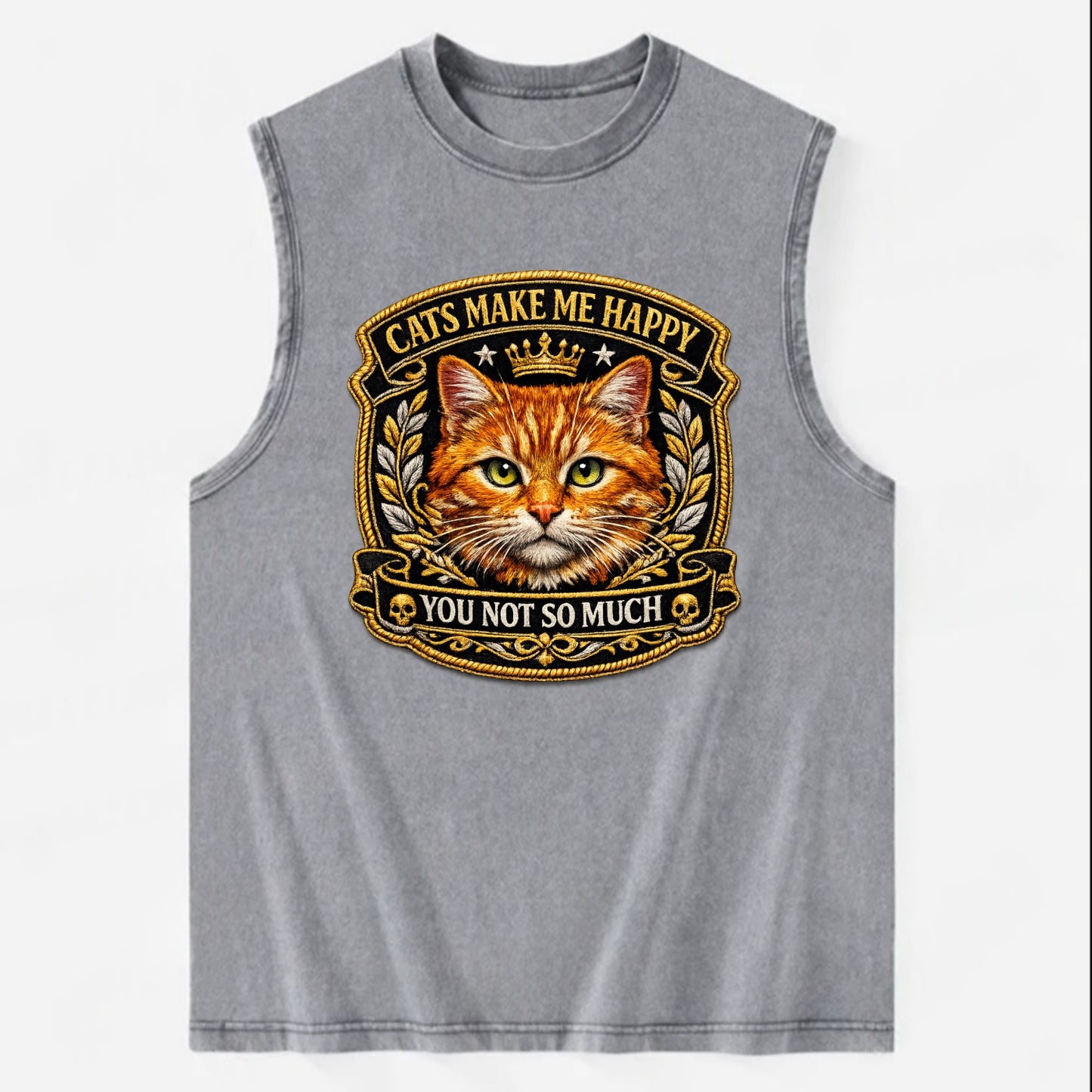 CATS MAKE ME HAPPY YOU NOT SO MUCH - cat face in orange , cat preference - Vintage Washed Tank - Grey