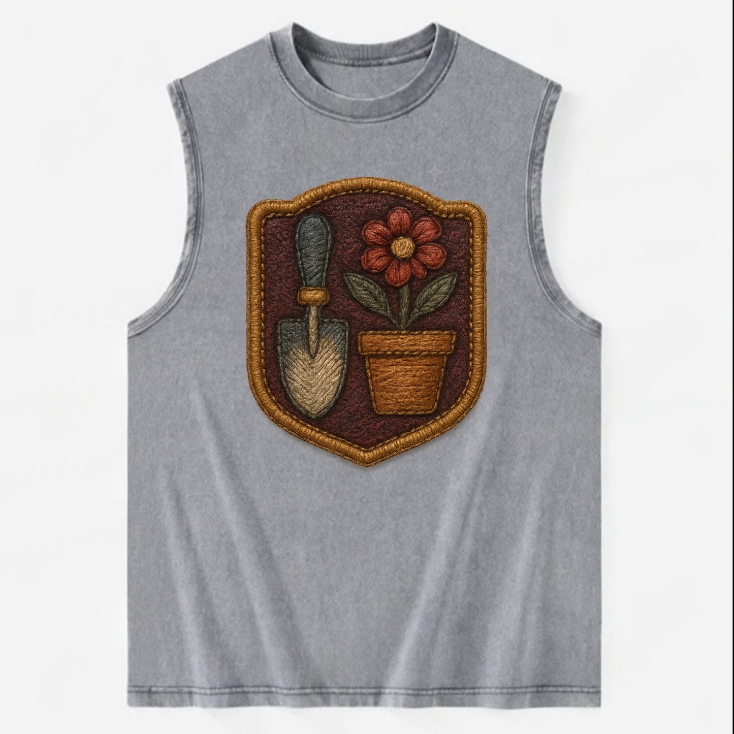 Garden trowel with flower pot - gardener badge - Vintage Washed Tank - Grey
