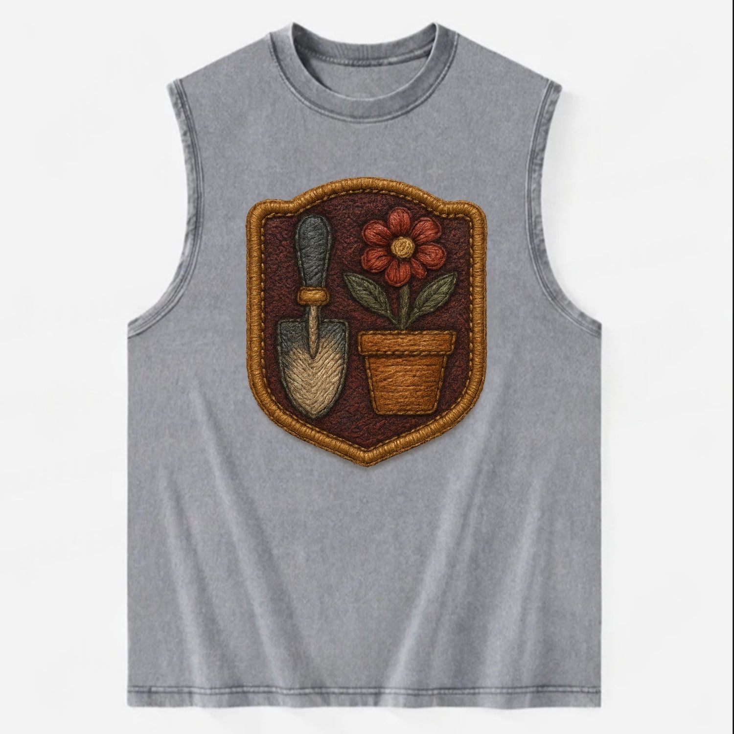 Garden trowel with flower pot - gardener badge - Vintage Washed Tank - Grey