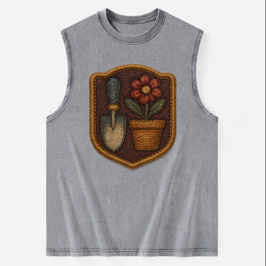 Garden trowel with flower pot - gardener badge - Vintage Washed Tank - Grey
