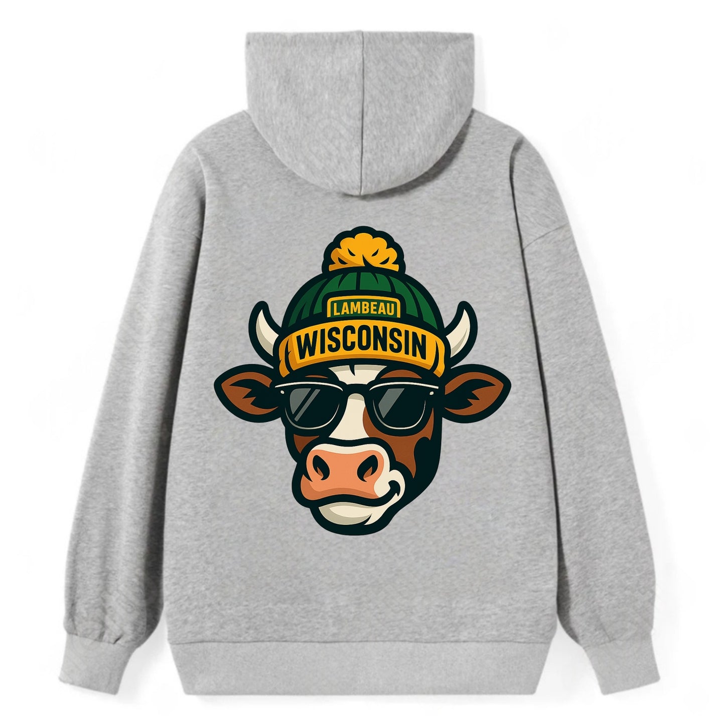 Wisconsin Cow wearing Packers beanie with Lambeau patch and wayfarer - Classic Pullover Hoodie - Grey