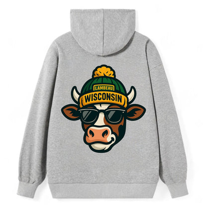Wisconsin Cow wearing Packers beanie with Lambeau patch and wayfarer - Classic Pullover Hoodie - Grey