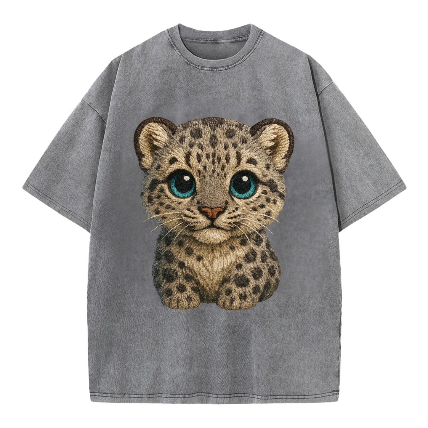 Baby Snow Leopard Cub - gray spotted, thick fur, blue-green eyes, front-facing, - Vintage T-shirt - Grey