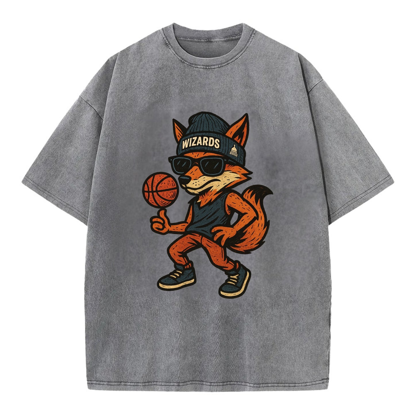 Washington Fox wearing Wizards beanie with capitol patch and wayfarer sunglasses - Vintage T-shirt - Grey