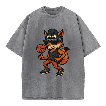 Washington Fox wearing Wizards beanie with capitol patch and wayfarer sunglasses - Vintage T-shirt - Grey