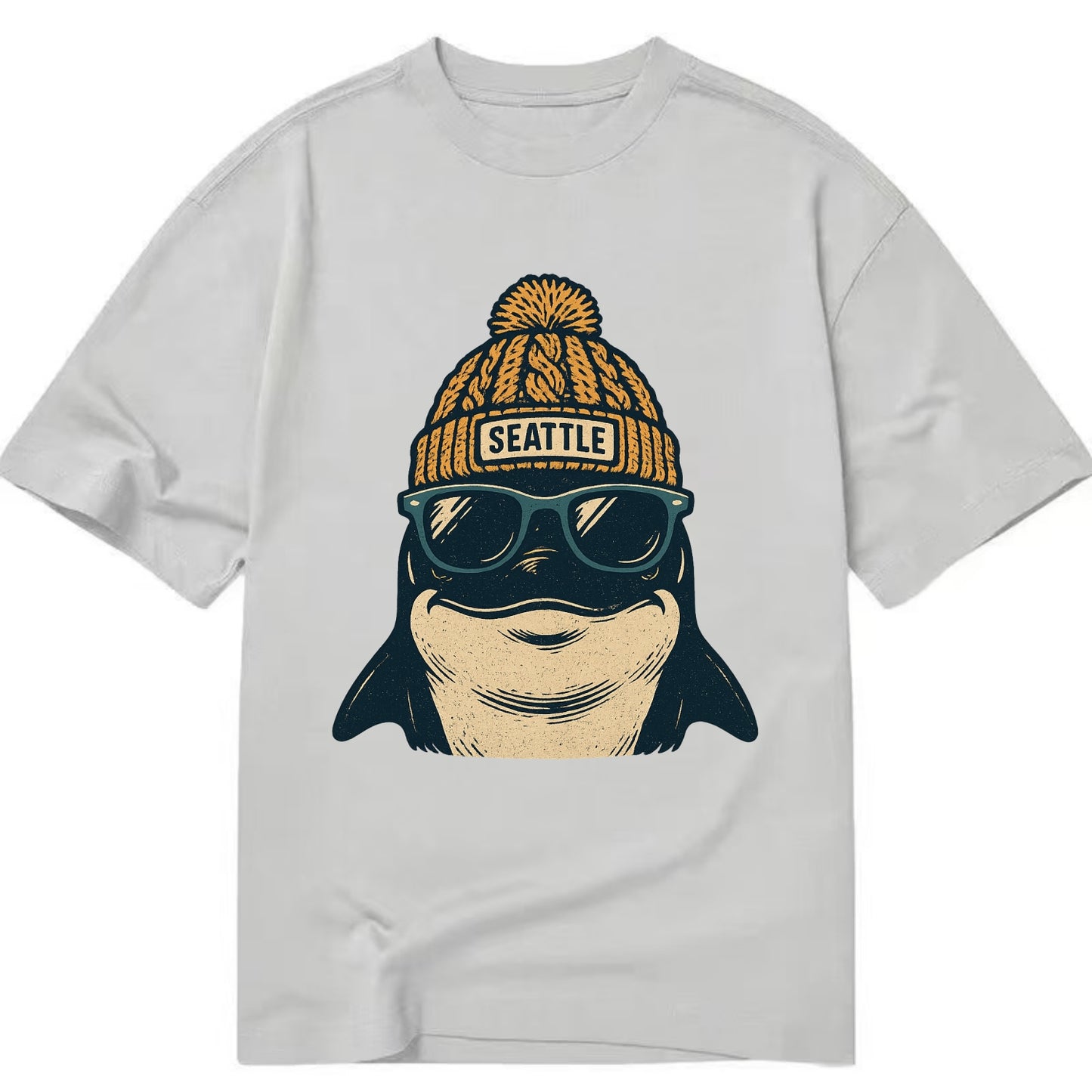 Seattle Orca wearing Seattle beanie with pom pom and wayfarer sunglasses - Classic T-shirt - Grey