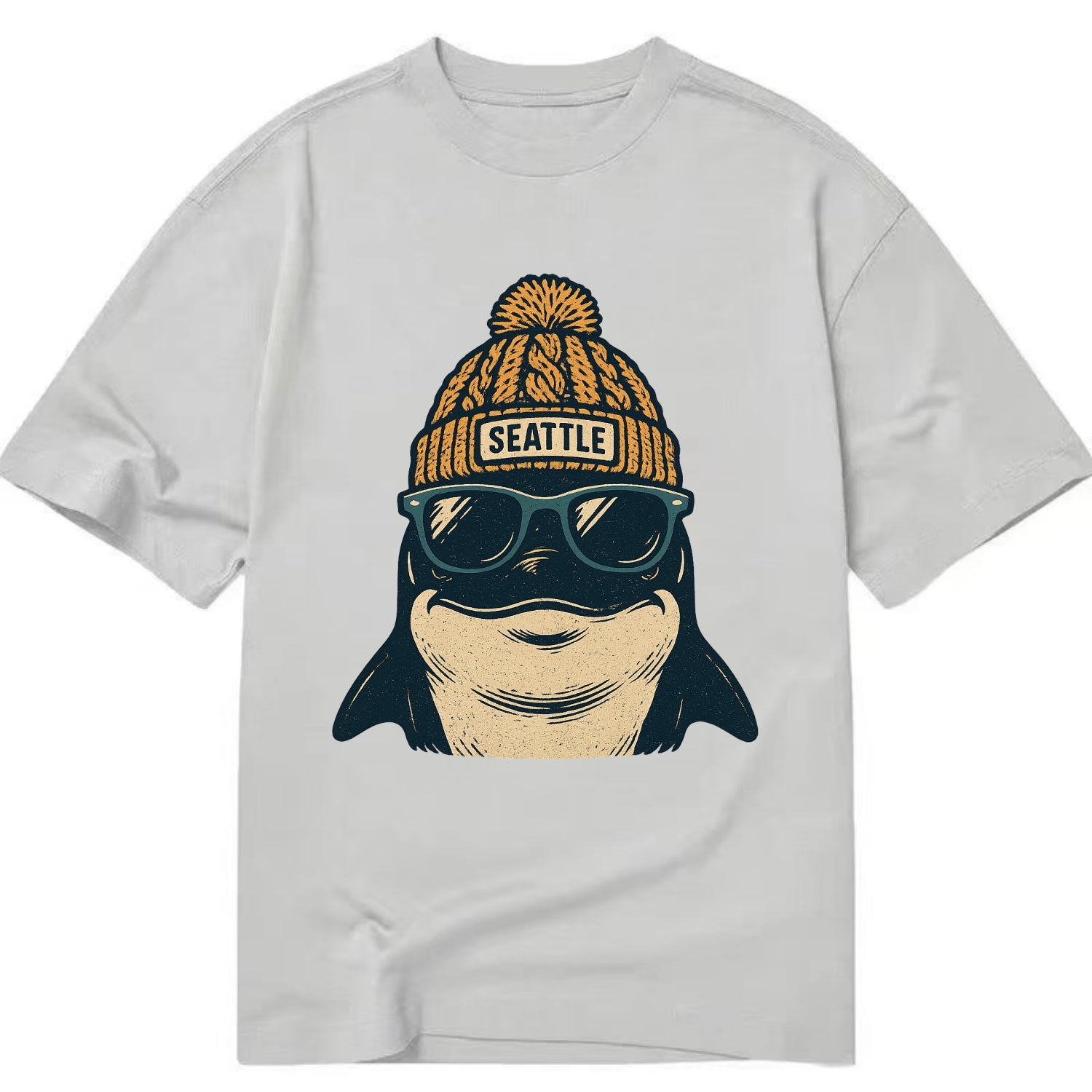 Seattle Orca wearing Seattle beanie with pom pom and wayfarer sunglasses - Classic T-shirt - Grey