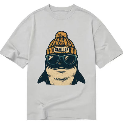 Seattle Orca wearing Seattle beanie with pom pom and wayfarer sunglasses - Classic T-shirt - Grey