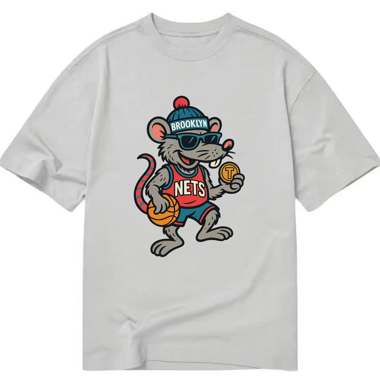 Brooklyn Rat wearing Nets beanie with subway token and wayfarer sunglasses - Classic T-shirt - Grey