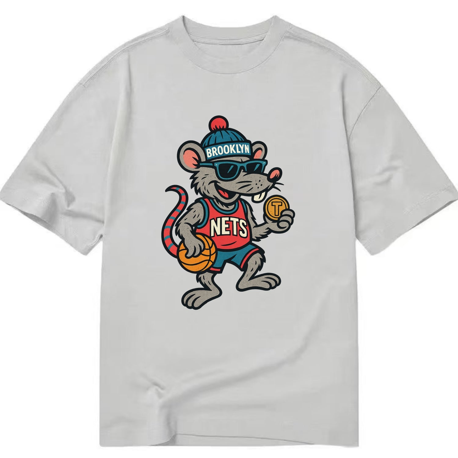 Brooklyn Rat wearing Nets beanie with subway token and wayfarer sunglasses - Classic T-shirt - Grey