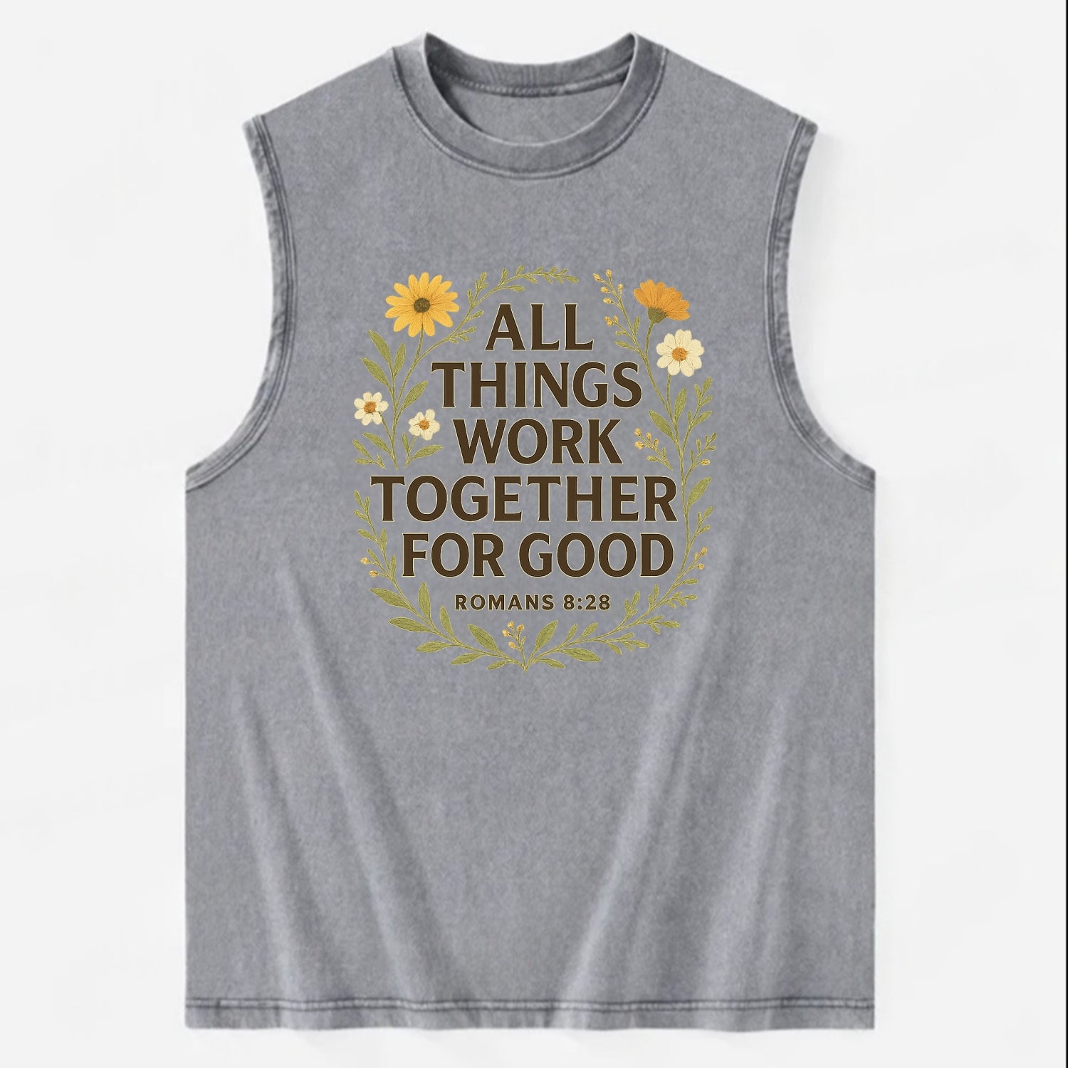 Romans 8:28 Flowers - Vintage Washed Tank - Grey