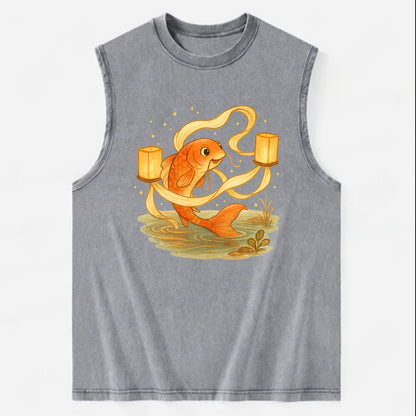 Koi weaving silk streamers through floating lanterns on tranquil water - Vintage Washed Tank - Grey