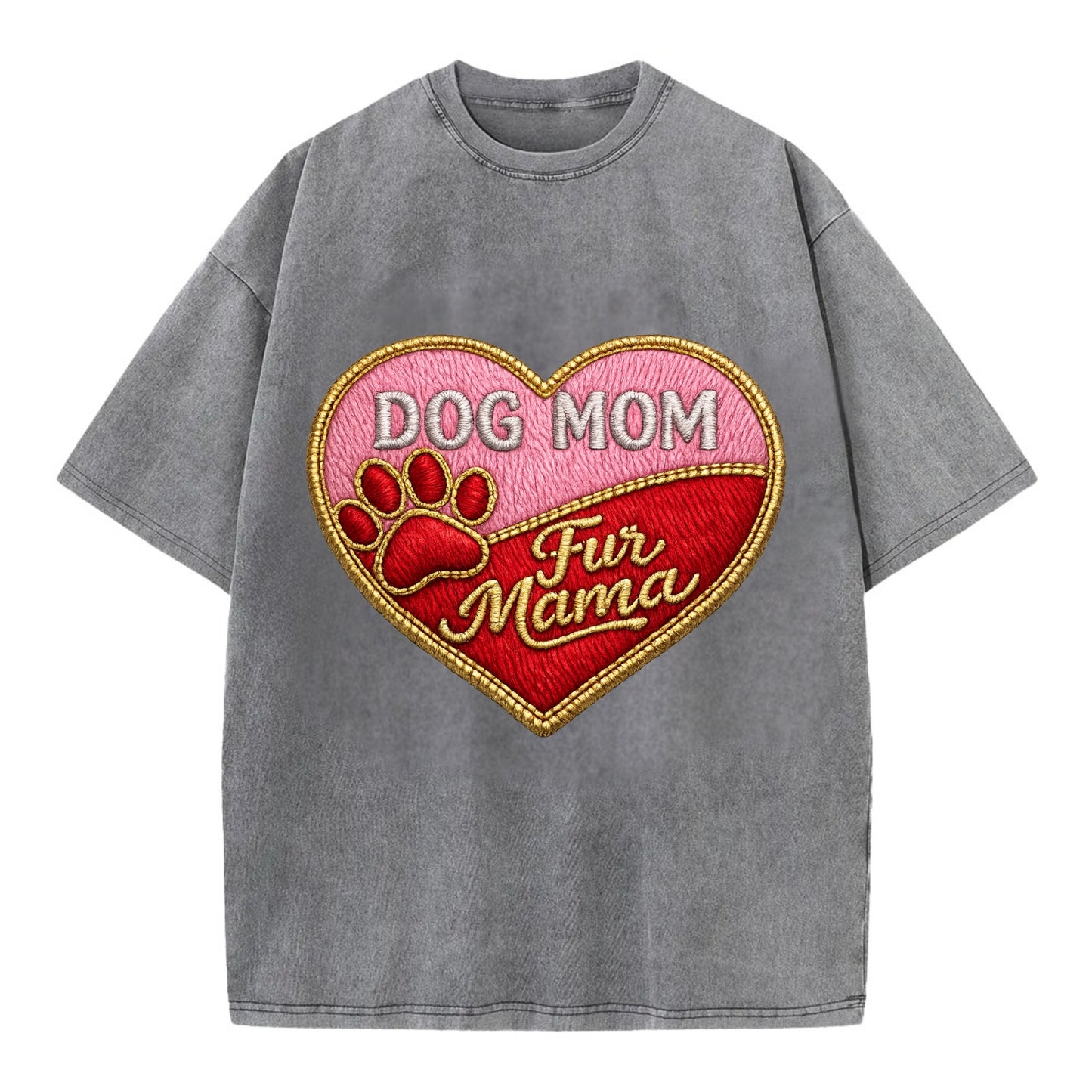DOG MOM HEART - heart with paw print in pink and red , fur mama - Vintage T-shirt - Grey