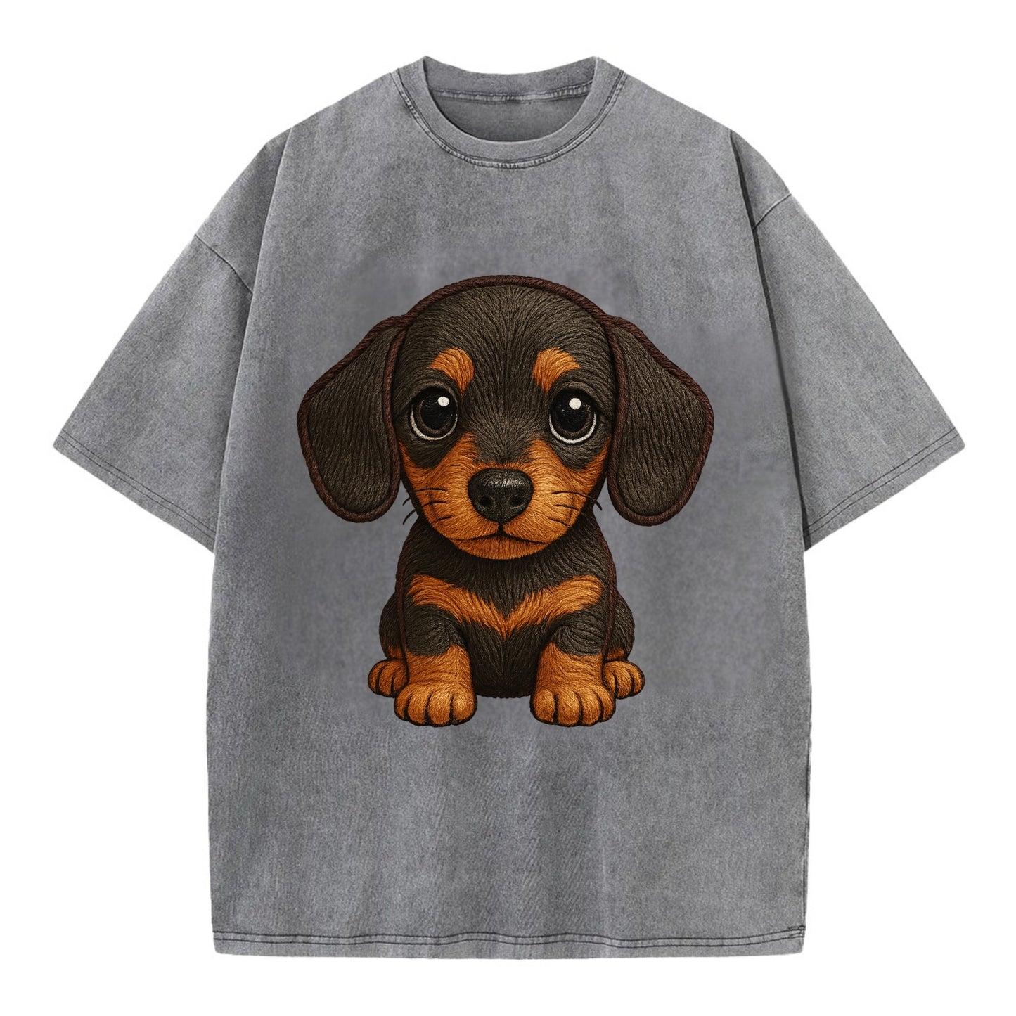 Baby Dachshund Puppy - long body, short legs, floppy ears, curious eyes, - Vintage T-shirt - Grey
