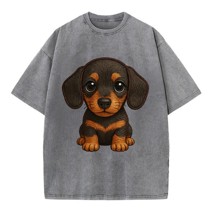 Baby Dachshund Puppy - long body, short legs, floppy ears, curious eyes, - Vintage T-shirt - Grey