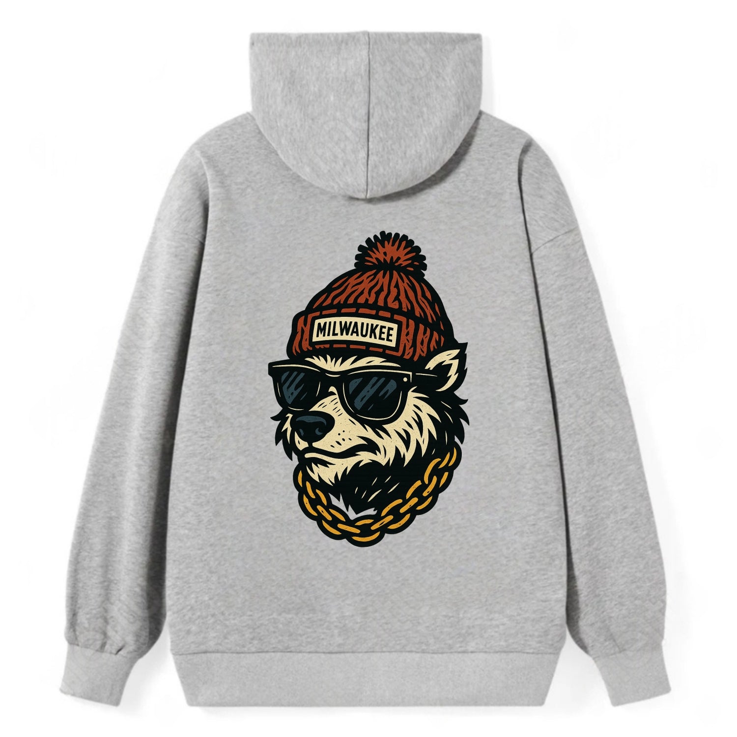 Milwaukee Badger wearing Milwaukee beanie with pom pom and wayfarer - Classic Pullover Hoodie - Grey