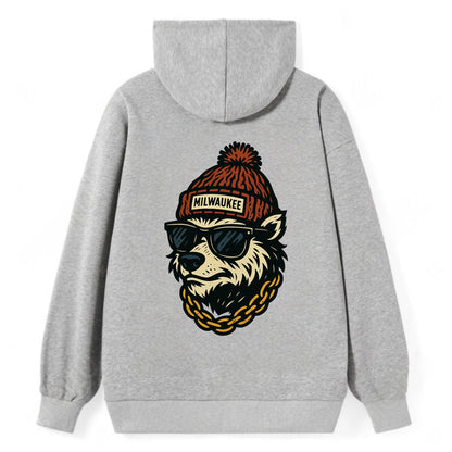 Milwaukee Badger wearing Milwaukee beanie with pom pom and wayfarer - Classic Pullover Hoodie - Grey
