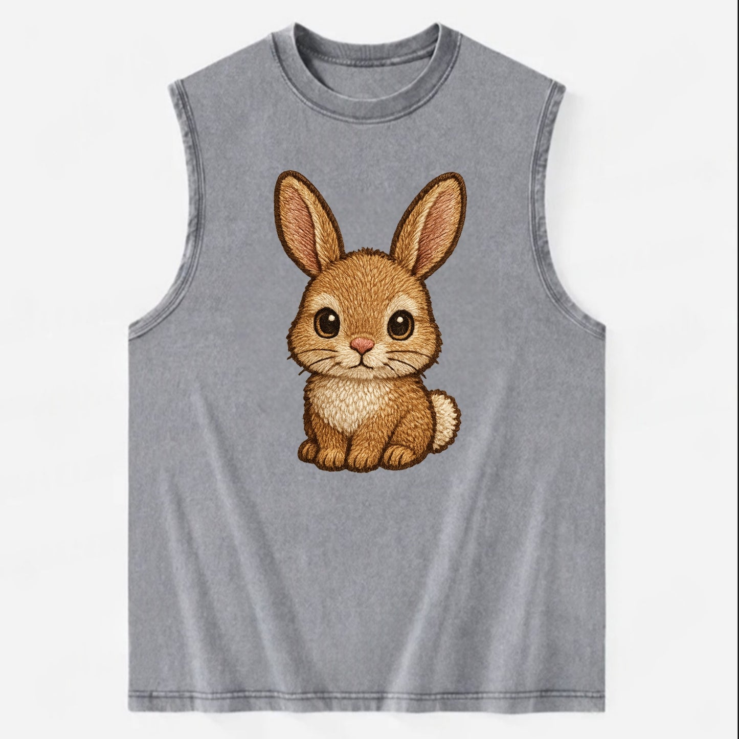 Baby Rabbit - long ears, fluffy white tail, pink nose, large brown eyes, - Vintage Washed Tank - Grey