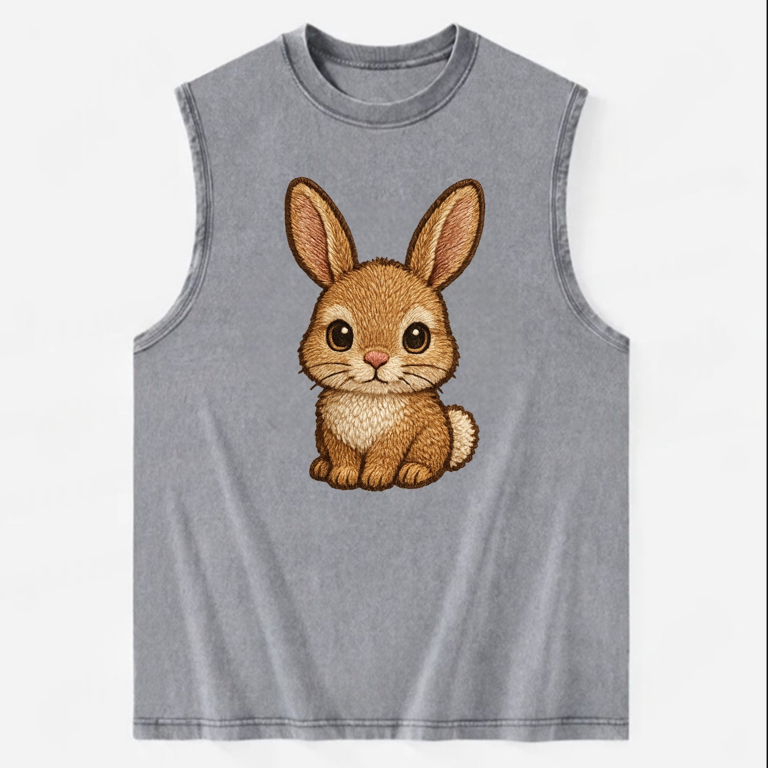 Baby Rabbit - long ears, fluffy white tail, pink nose, large brown eyes, - Vintage Washed Tank - Grey