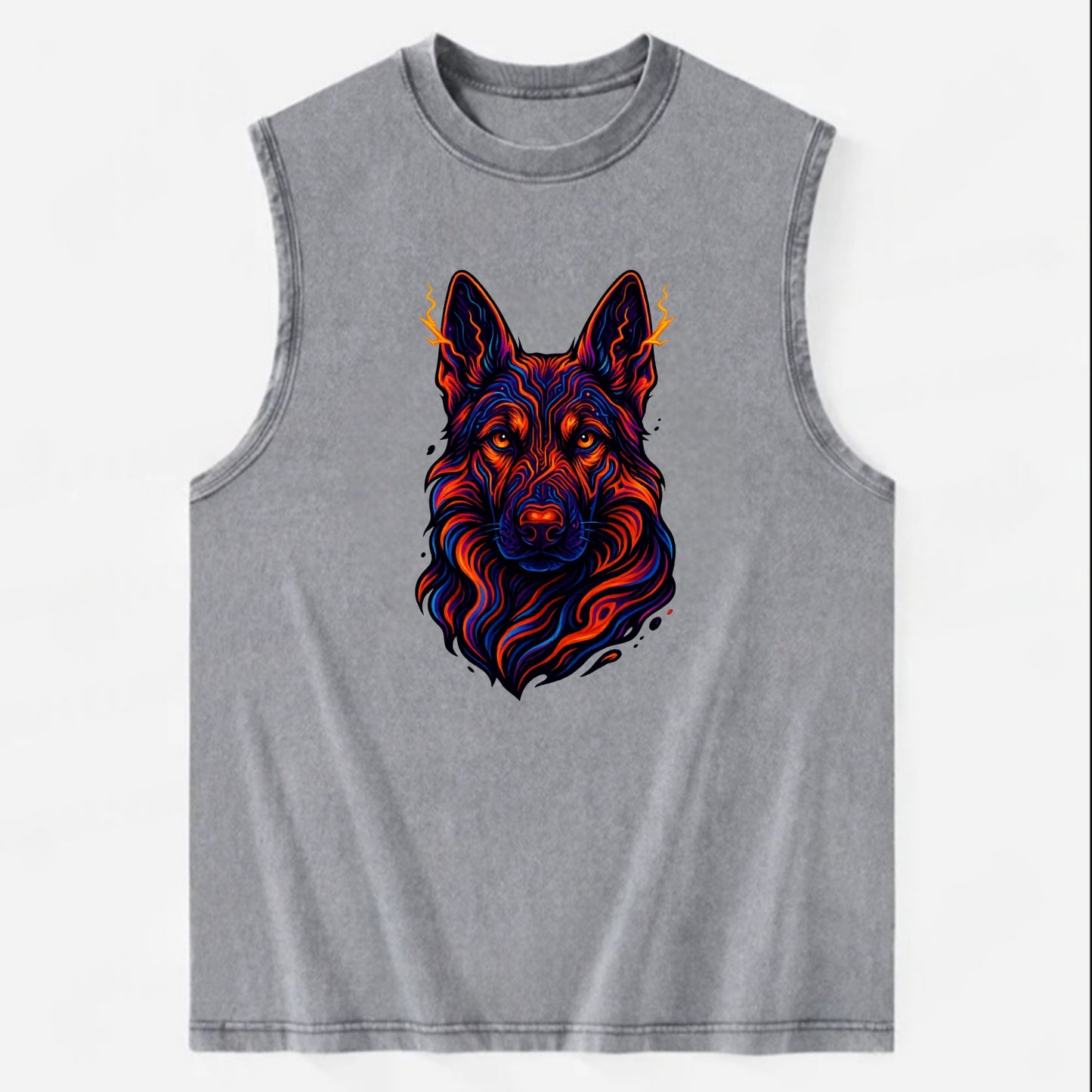 Alert German Shepherd with cyber circuit patterns in the fur, neon orange and - Vintage Washed Tank - Grey