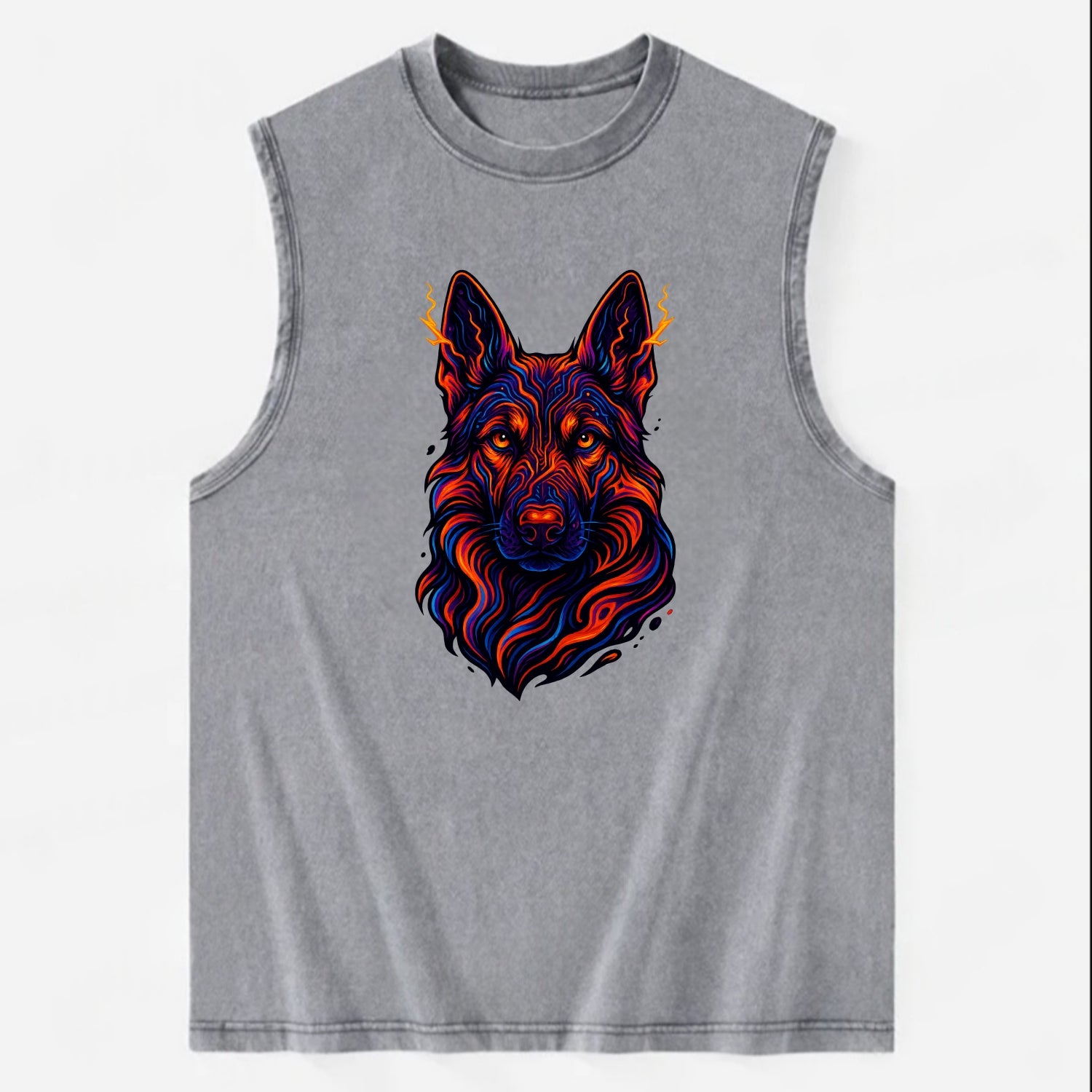 Alert German Shepherd with cyber circuit patterns in the fur, neon orange and - Vintage Washed Tank - Grey